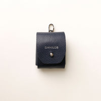 Front view of Blue Airpod Case Santi Jr. leather with snap closure
