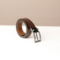 A dark brown gradient belt with a metallic buckle on a light background.