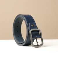 A blue smooth leather belt with a silver buckle, displayed against a neutral background.
