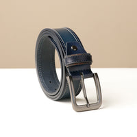 A blue double stitch belt with a metallic buckle on a light background.