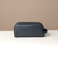 Toiletry bag Emmiliano, navy blue, handcrafted with premium leather, with visible brand Danilos, back view