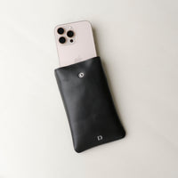Open view of black Leather Josephine Phone Pouch by Danilos