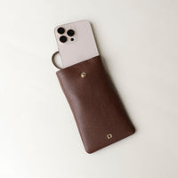 Open view of brown Leather Josephine Phone Pouch by Danilos