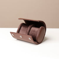 Open view of 2 Slot Oval Watch Case - Pebble Brown