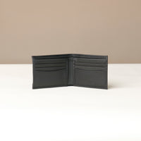Front view of a open black nappa leather Milano wallet with nine visible slots
