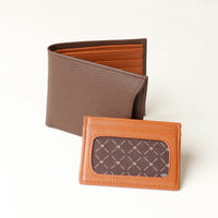 Front of a brown pebble leather Milano wallet with a orange card case holder over a beige background
