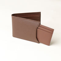 Front of a brown pebble leather Milano wallet with a card case holder that comes out of one of the sides