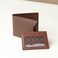 Front of a brown pebble leather Milano wallet with a card case holder over a beige background